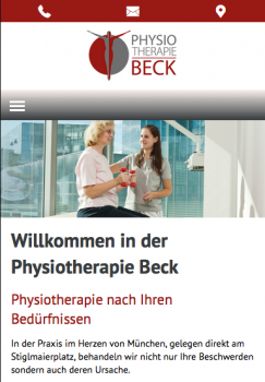 Mobile Ansicht der Website der Physiotherapie Beck mit 'mobile contact bar' zum einfachen anrufen, E-Mail-Versand und Anfahrtsbeschreibung über Google Maps